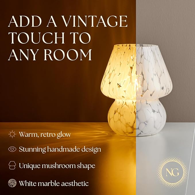 Next Glow Mushroom Lamp – Modern Dimmable LED Night Light for Bedrooms, Kids Rooms, Bedside Nightstands, Living Room Table and Kitchen Decor – Pretty Desk Light, E26 Socket w 120V Bulb (Marbled White)