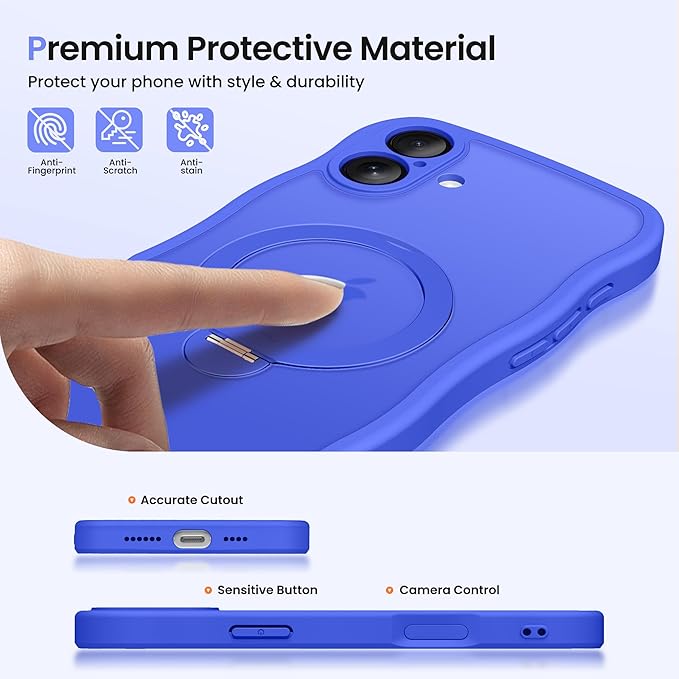 CAPRARO for iPhone 16 Case with 360° Spin Magnetic Stand for Women, [Compatible with MagSafe] [Full Camera Protection] Cute Wave Translucent Matte Case for iPhone 16, Ultramarine