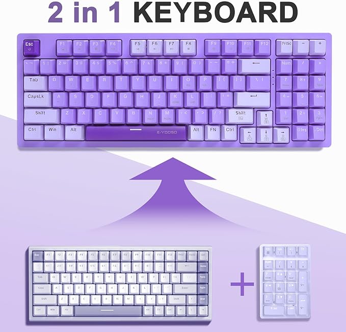 HUO JI Mechanical Gaming Keyboard USB Wired Compact with Number Pad, Purple Led Backlit, Red Switch, Detachable Type C Cable, 94 Keys for PC/Computer/Laptop, Purple and White