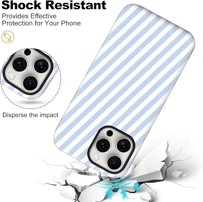 Magnetic for iPhone 15 Pro Case Cute Diagonal Stripes Phone Case, Shockproof Slim TPU and Hard PC Protective Phone Cover Compatible with MagSafe Designed for Women Girls,Blue