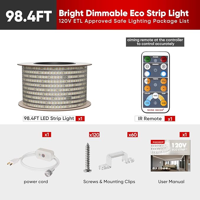 Shine Decor LED Strip Light Connectable, CCT 2800-6000K Warm-Cool Changing Tone for Room, 98FT 120V Plug-in Outdoor Rope Lighting Cold Resistant Waterproof ETL Listed, Remote Timer Available