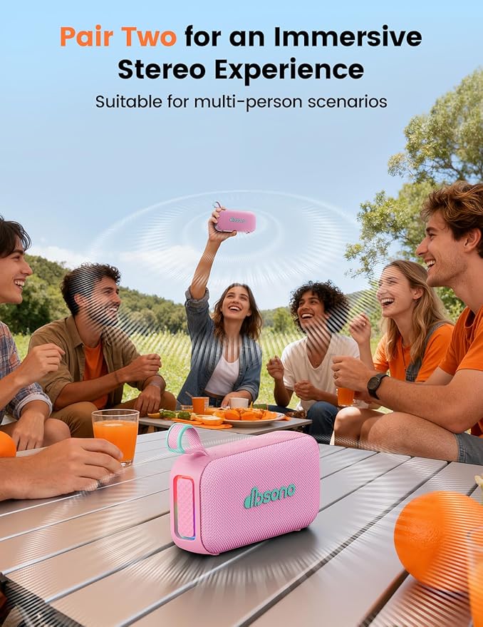 Bluetooth Speaker Stereo 20W Loud Sound: 30H Playtime, IPX5 Water Resistant, Portable Wireless Speakers, Powerful Bass, Lightshow, Birthday Gifts for Men/Adults/Teens, Beach Vacation Essentials, Pink