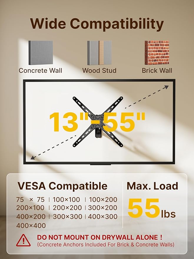 monTEK Full Motion TV Wall Mount Bracket for Most 13-55 Inch LED LCD Flat Screen TVs & Monitors, Swivel Tilt Extension Rotation with Articulating Arms, TV Mount Max VESA 400x400mm, up to 55lbs