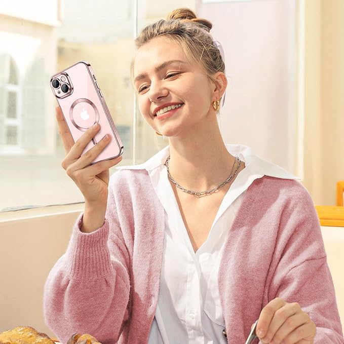 Hython Magnetic Clear for iPhone 13 Case with Camera Lens Protector [Compatible with MagSafe] Luxury Plating Edge Slim Soft TPU Cover Protective Phone Case for iPhone 13 6.1", Pink