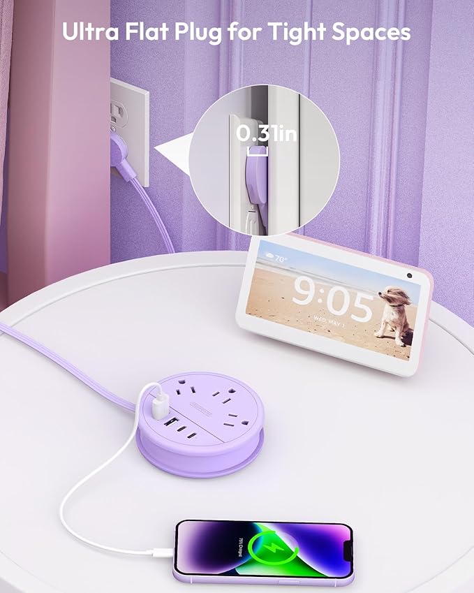 NTONPOWER Purple Travel Power Strip with 3 AC Outlet 4 USB(2 USB C), Dorm Room Essentials 4FT Flat Extension Cord, Purple Desk Accessories Compact fo for Hotel Travel Cruise Essentials