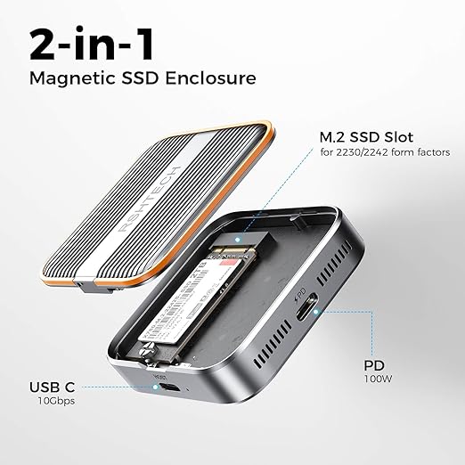 RSHTECH Magnetic M.2 NVMe SSD Enclosure 10Gbps USB C 3.2 to NVME Adapter Support PD 100W and SSD Size 2230/2242 B+M M-Key for iPhone 16 15 Pro/Pro Max/Plus ProRes, iPad Pro and More