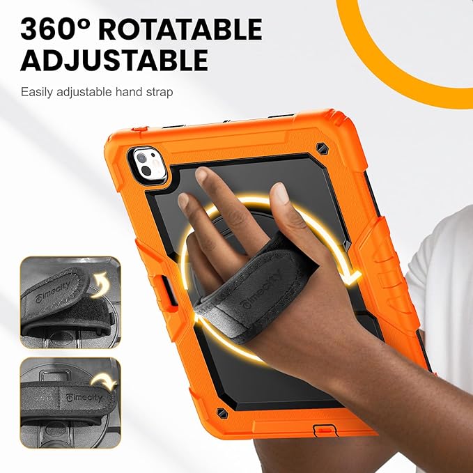 timecity Case for iPad Pro 13 Inch M5 2025 / M4 2024, 360° Rotating Stand, Pencil Holder & Wireless Charging, Shockproof with Screen Protector & Shoulder Strap - for Designers & Professionals, Orange