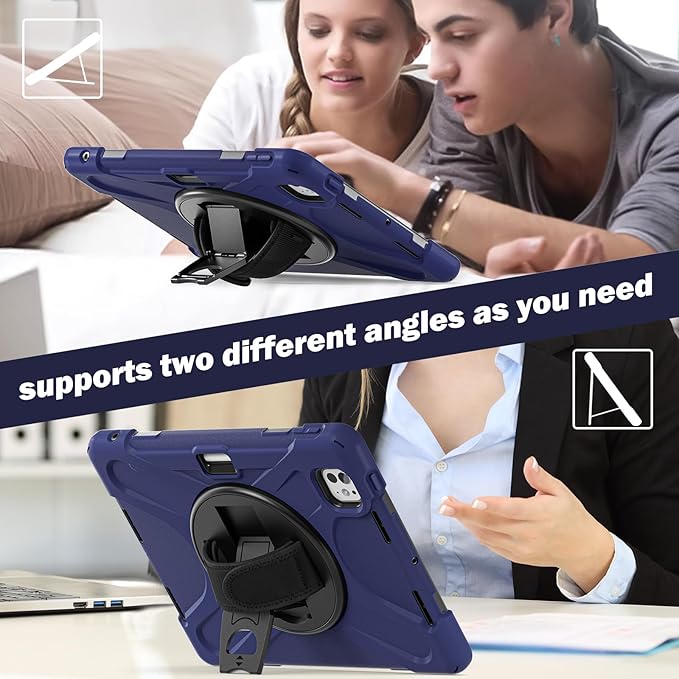 Batianda Case for New iPad Pro 11-inch 2025 M5 2024 M4 Chip Heavy Duty Rugged Durability Silicone Tablet Cover with 360° Rotating Hand Strap Foldable Hidden Stand & Shoulder Strap, Navy Blue