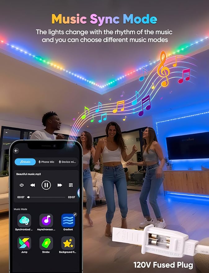 98FT Outdoor LED Strip Lights RGB+IC with Warm&Cool White, ETL Listed Music Sync Light Strip AC 120V, IP65 Waterproof and Connectable, for Party Festival Eave Porch Patio Every Day Decor