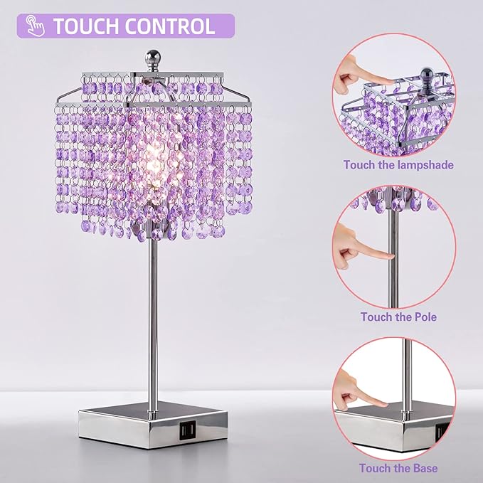 Luvkczc Purple Bedside Crystal Table Lamp Set of 2, Touch Control Lamps,Dimmable Lamp with Crystal Shade for Bedroom, Girl Living Room, 6W B11 Bulb Included