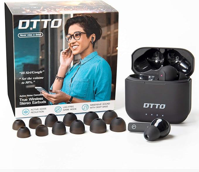DTTO J-10 Active Noise Cancelling Earbuds with 60ms Low-Latency Game Mode, Wireless Charging Case Bluetooth 5.2 Auto-Pairing Touch-Enabled Voice-Assistant, Immersive Sound Deep Bass IPX8 Sweatproof