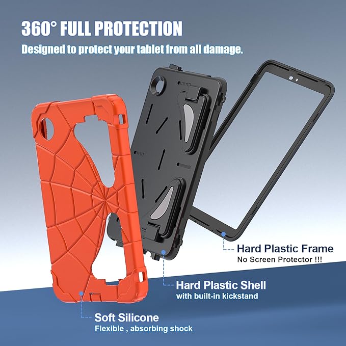 AKABEILA Compatible with Samsung Galaxy Tab A11 2025 8.7 inch Tablet Case，Lightweight Shockproof Rugged Protective Cover with Kickstand for Kids Children Boys Babies Orange Black