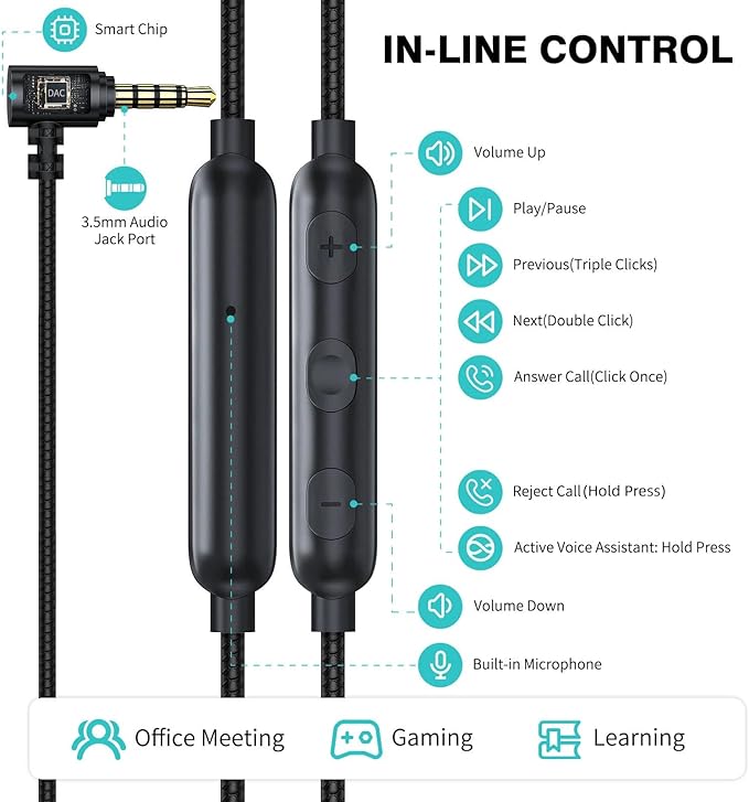 5.9FT Long Cord Wired Earbuds for Chromebook Laptop, 3.5mm Jack Plug Over Ear Hook Headphones for PC Student Kid School, Noise Isolate HiFi Stereo Audio Wrap Around Earphones In Ear Headset for Moto G