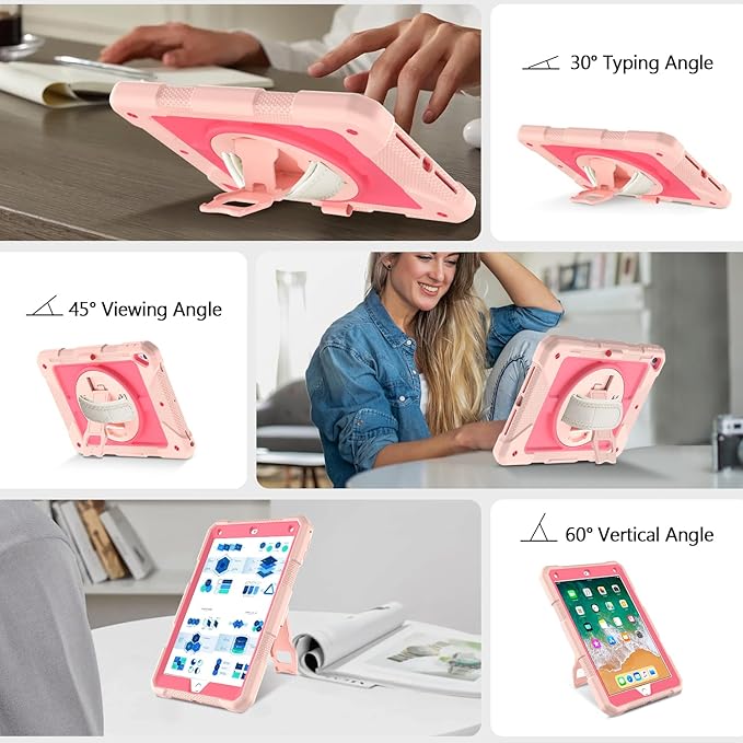MENZO Shockproof Case for iPad 5th Gen/6th Gen/Air 2/Pro 9.7-inch with 360° Swivel Stand, Pencil Holder, Detachable Hand and Shoulder Strap, Pink+Lightpink