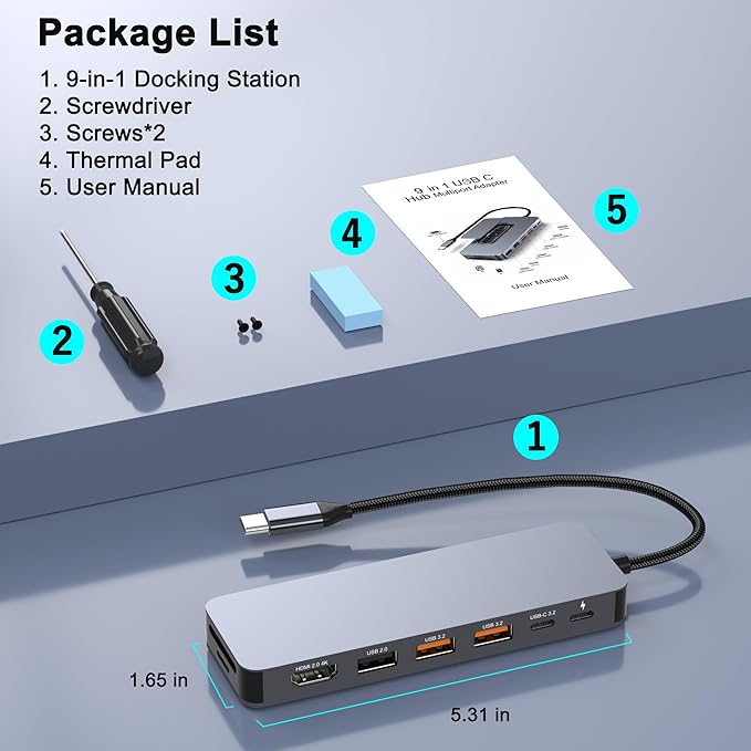 USB C Docking Station with M.2 NVMe SSD Enclosure 10Gbps, 9 in 1 USB-C Hub, Type C SSD Slot with 4K@60Hz HDMI, USB 3.2 Gen2, PD100W, SD/TF Card Reader, Laptop Docking Station for Dell/HP/Lenovo/Mac