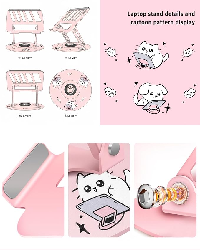 Upgraded Pink Swivel Laptop Stand - 360° Rotating Base & Foldable|Cute Cat Patterns for Healing Vibe|Fits MacBook & 13-15" Laptops|Ideal for Desk Work,Office,Travel,Home,Painting
