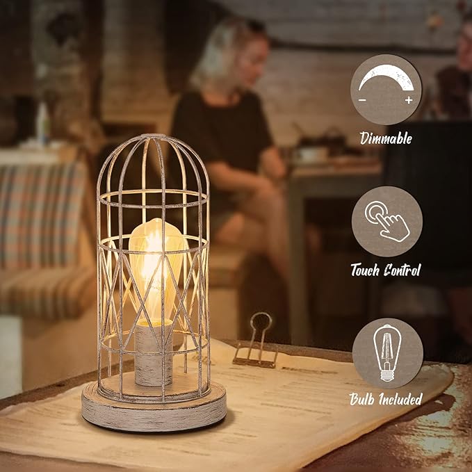 Small Table Lamp, Touch Control Table Lamp with Brushed White Oak Cage, Farmhouse Bedside Lamp 3-way Dimmable Nightstand Lamp Edison Lamp for Bedroom, Living Room, Hallway, Kitchen, LED Bulb Included