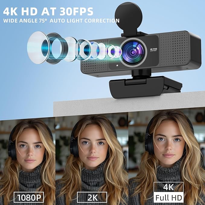 PEATOP Webcam 4K for PC Autofocus, Noise-Canceling Mic USB Plug & Play Webcam with Privacy Cover Camera 4K for Zoom/Teams/Skype/Google Meet
