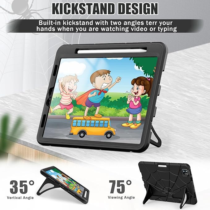 AKABEILA Compatible with Apple iPad Pro 11 inch(2018)/Apple Air 4 10.9(2020)/Air 5 10.9(2022)/Air 6 M2 (2024)/Air 7 M3 (2025) Tablet Case，Cover with Kickstand for Kids Children Boys Babies Black