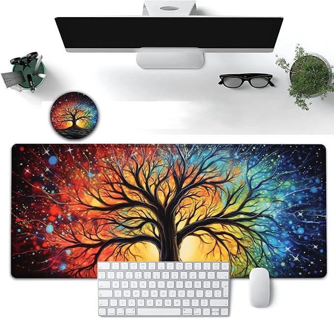 Large Mouse Pad, 31.5 x 11.8in Extended Gaming Mouse Pad with Stitched Edges, XXL Mousepad Protector Non Slip Rubber Base for Office and Home Writing Mat, Colorful Tree of Life Pattern Black Desk Mat