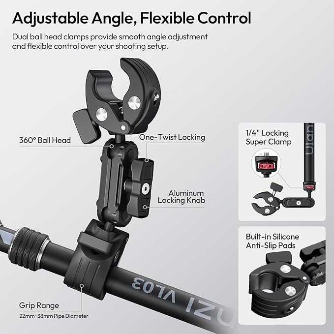 ULANZI Quick-Release Invisible Selfie Stick Motorcycle Bike Mount Kit for Insta360 X5 X4 X3/DJI Osmo 360, VL03 40in Adjustable Extension Pole Clamp Mount for GoPro DJI Insta360 Action Camera