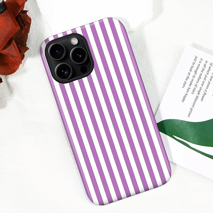 Magnetic for iPhone 13/14 Case Cute Stripes Phone Case, Shockproof Slim TPU and Hard PC Protective Phone Cover Compatible with MagSafe Designed for Women Girls, Purple