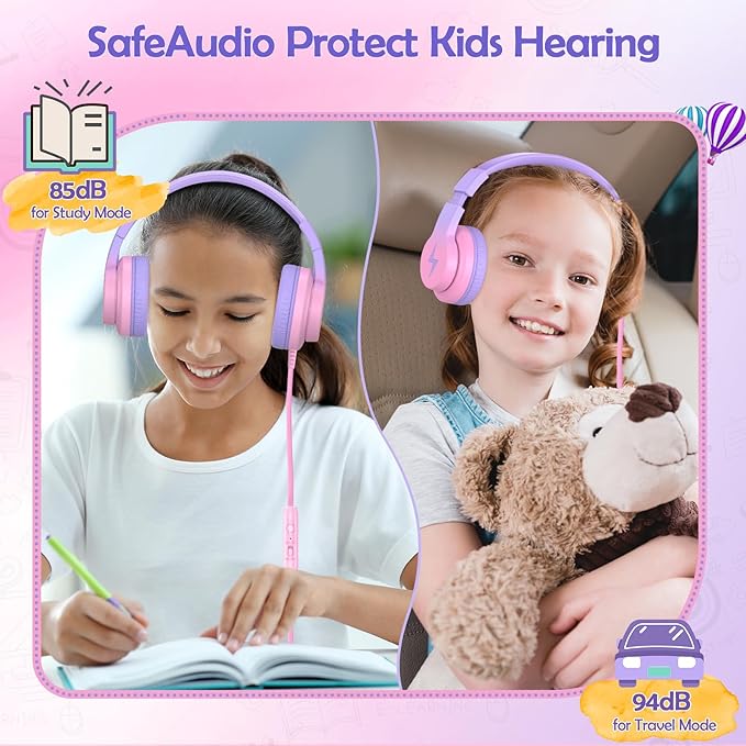 Candy Bila Kids Headphones, Wired Headphones for Kids Over Ear with Microphone, 85/94dB Volume Limiter Headphone for Girls Boys, Foldable Headphone for Learning & Entertainment, Gradient Red