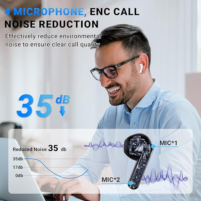 Wireless Earbuds, Bluetooth 5.4 Headphones with 42H Ultralight Ear Buds, Bluetooth Earbuds with 4 ENC Noise Cancelling Mics, HiFi Deep Bass Dual LED Display USB-C, IPX6 Waterproof Earphones Black