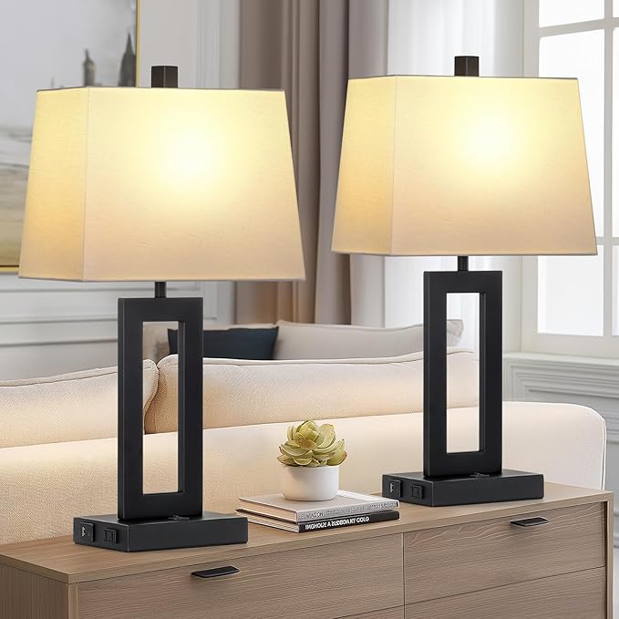 Cinkeda Table Lamp Set of 2 with USB C+A Ports & AC Outlet, Bedside Lamps, Modern Bedroom Lamps, Black Lamps for Bedroom Living Room,Nightstand Lamp（Push Button Swich/NO dimming