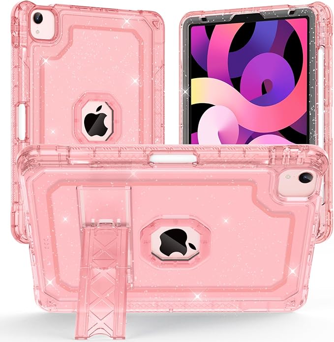ZoneFoker Case for iPad Air 5th/ 4th Generation Case (2022/2020) 10.9'', for iPad Pro 11 Inch (4th/3rd/2nd/1st Gen), Hard Sturdy Slim Cover for iPad Air 5 4 th with Pencil Holder/Stand, Pink Glitter