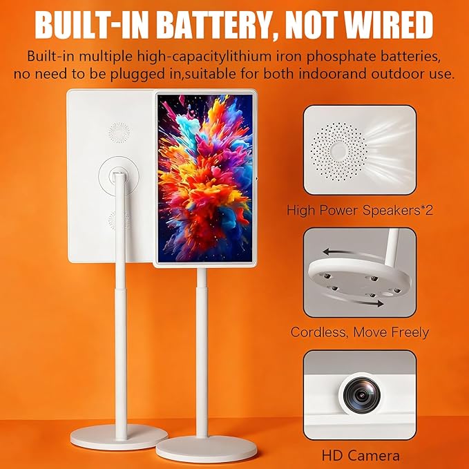 21.5"/24"/27"/32" Portable Smart Screen On Wheels, 4K Touchscreen Display, Build-in 4K Camera, Rolling TV, Built-in Battery (6-8H), Remote Control, 8+128GB Storage 24inches
