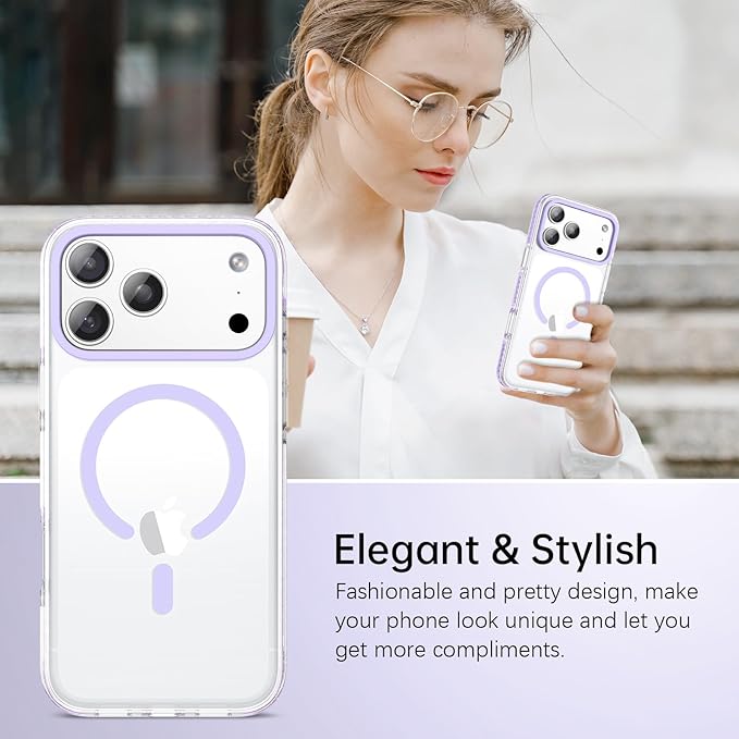 BENTOBEN Magnetic for iPhone 17 Pro Max 6.9" Case, Compatible with Magsafe Military Shockproof Protective Cute Transparent Slim Anti-Yellowing Phone Case for iPhone 17 Pro Max Cover, Clear Purple