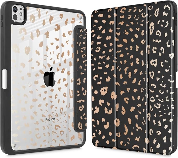 May Chen for iPad Pro 13 Inch Case M5 2025 / M4 2024, Built Pencil Holder & Clear Transparent Print Back Shell Slim Stand Shockproof Tablet Cover, Auto Wake/Sleep, Leopard Print