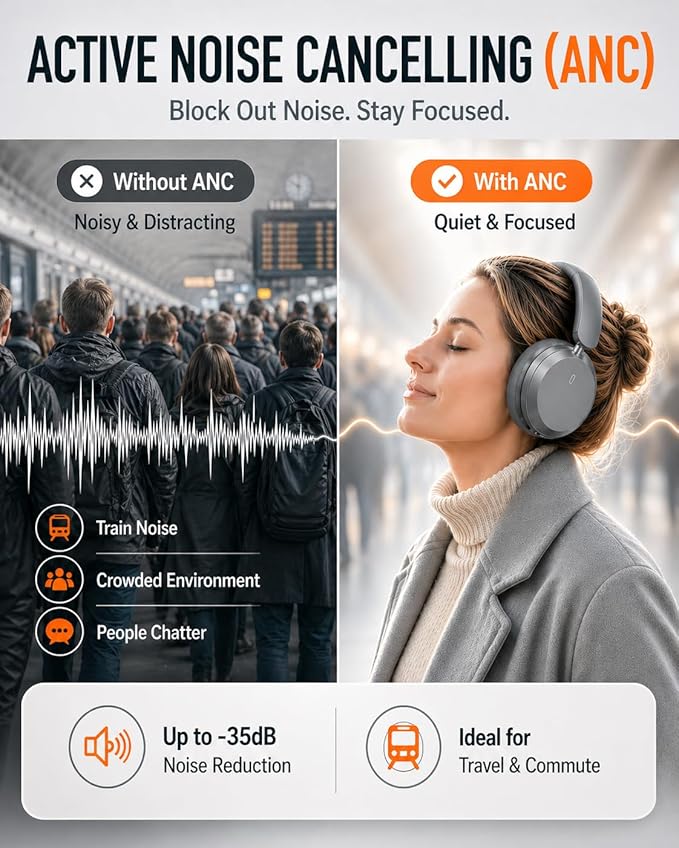Wentronic Y05 Bluetooth Over-Ear Headphones with Active Noise Cancelling, Hi-Res Audio, 48H Playtime, Built-in Mic, Wired/Wireless, Works with iOS, Android & PC, Grey