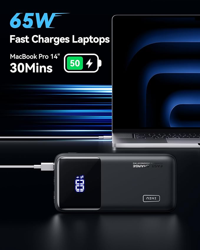 INIU 20000mAh Laptop Power Bank, Compact 65W PD Dual Fast Charging Portable Charger, Flight-Safe Battery Pack with USB C Cable for Travel MacBook iPad Tablet Switch iPhone 17 16 Pro Samsung S25