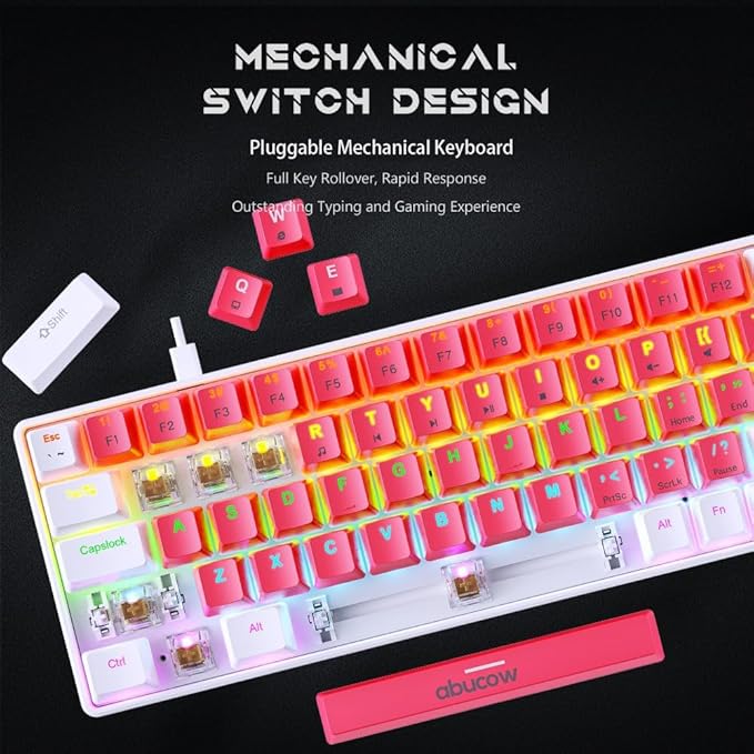 abucow 65% Wired Mechanical Keyboard – 68-Key Compact Layout, Full Anti-Ghosting, Brown Switch Swappable White Red Keycaps, for Windows/Mac