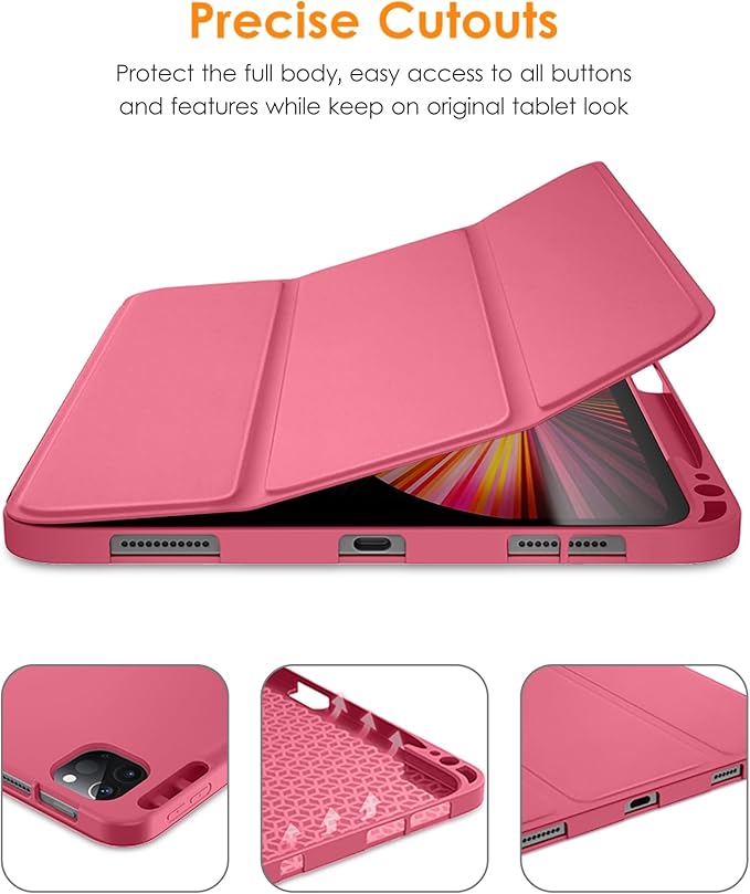 DTTO for iPad Pro 11 inch 4th/3rd/2nd/1st Generation 2022/2021/2020/2018 Case, Smart Slim Trifold Stand Soft TPU Back Cover with Built-in Pencil Holder, Also Fit iPad Air 5/4,Rose Red
