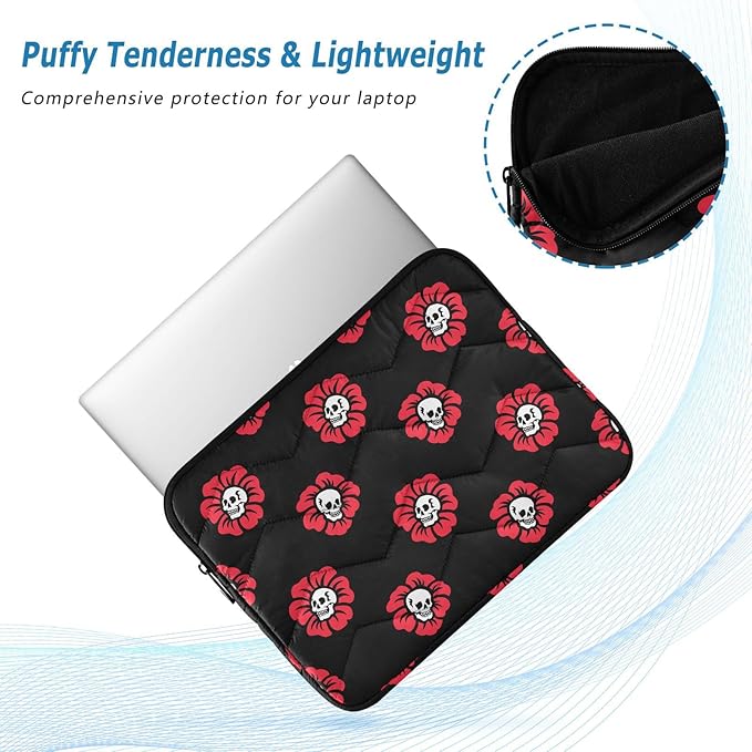 Cute Laptop Sleeve 13 inch Gothic Skulls Flowers Laptop Bag 14 inch Waterproof Computer Bag for Women Laptop Accessories Computer Cover Bag for Tablet Men, A06D24018