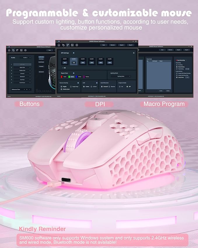 SOLAKAKA SM600 Pink Wireless Gaming Mouse with Honeycomb Shell, Side Buttons,Tri-Modes(BT5.1+BT5.1+2.4GHz) Lightweight RGB Wireless Mouse for PC/Tablet/Desktop/Office/Games