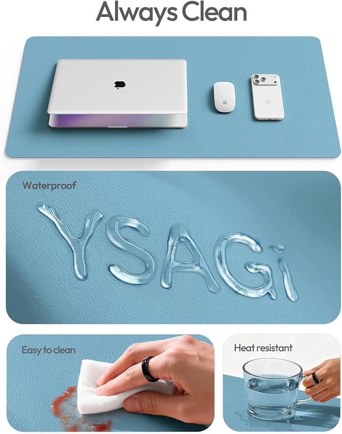 YSAGi Leather Desk Protector, Office Mat, Large Mouse Mat, Non-Slip PU Leather Blotter, Laptop Desk Mat, Waterproof Writing Pad for Office and Home (Sea Blue, 47" x 17")