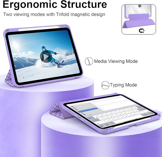 Case for iPad Pro 11 Inch (M5 2025 M4 2024) – [Built-in Pencil Holder], Shockproof & Stylish, Clear Hard Back + Soft TPU Edge, Magnetic Trifold Stand, Auto Wake/Sleep, Purple Polka dot