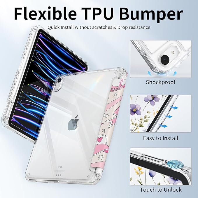 Case for iPad Air 11 Inch M3 (2025)/M2 (2024), iPad Air 10.9" 5th/4th Generation Case 2022/2020 Pink Girly, Slim Trifold Stand Transparent Clear Back Cover with Pencil Holder, Baseball