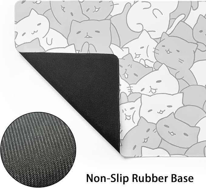 White Kawaii Cats Gaming Mouse Pad XL Cute Anime Kittens Japanese Extended Big Large Desk Mat Non-Slip Rubber Base Stitched Edge Long Keyboard Mousepad for PC Computer Laptop,31.5×11.8 Inches