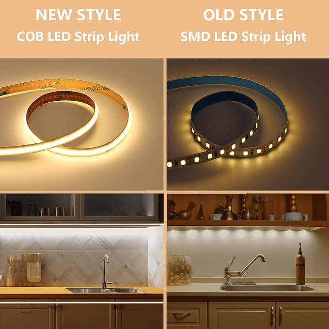 BENLUN 12V COB LED Under Cabinet Strip Lighting Kit 32.8ft, 3000K Warm White Cuttable LED Tape Lights 8W/M CRI 93 320LEDs/M with Dimmer and Power Supply for Kitchen Bookcase Shelf Display