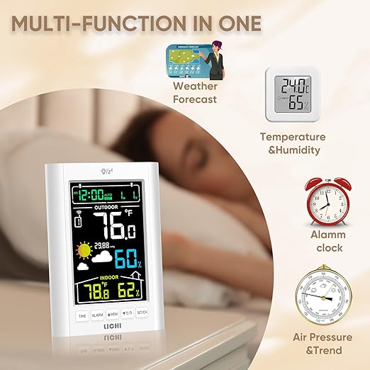 Weather Station Wireless Indoor Outdoor Thermometer， Inside Outside Temperature Humidity Monitor，with 330ft Range Sensor and Adjustable Backlight (White)