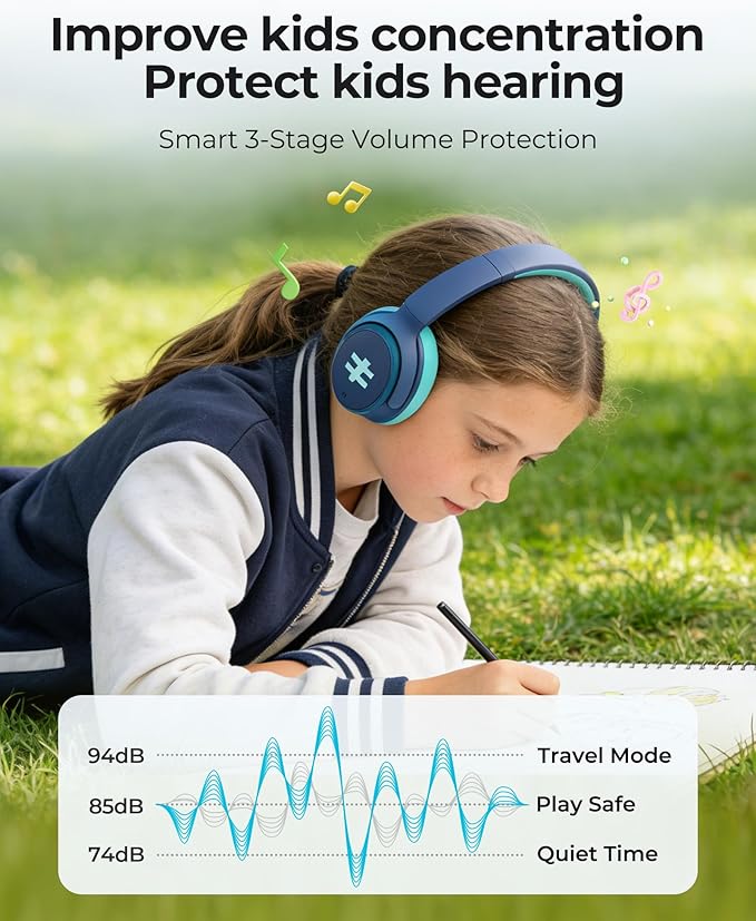 seenda Active Noise Cancelling Headphones for Kids, HEO-303 Bluetooth 5.4 60H Playtime Type C Fast Charging, 74/85/94 dB Safe Volume Limit Headset with Mic for Ipad, Airplane, Travel, Blue