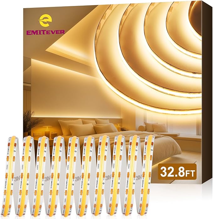 EMITEVER COB LED Strip Lights Warm White 32.8ft, 3000K 24V Dimmable Tape Light Premium High Density, 305LM+/ft, 4800LEDs, Ra 90+, 3W/FT, UL Listed for Cabinets, Shelves(Power Supply Sold Separately)