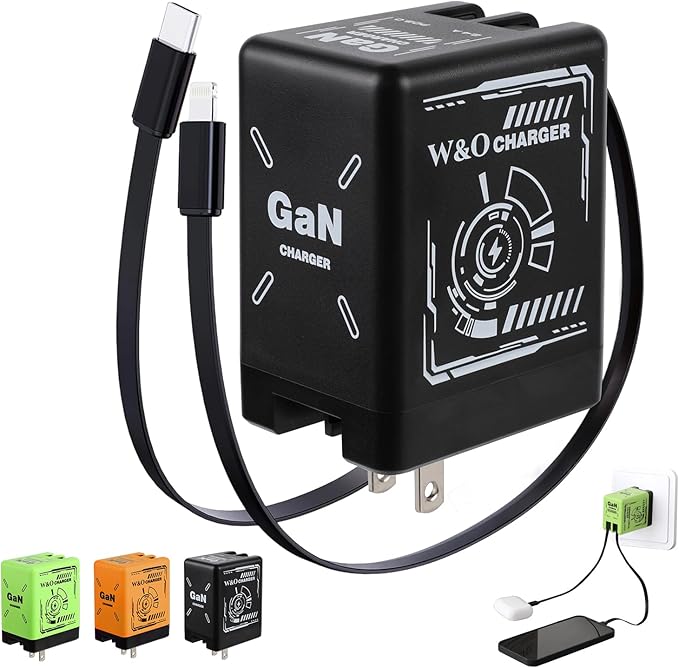 W&O 2-in-1 GaN Compatible with Fast Charger, GaN Charger Fast Charging, Retractable Phone Chargers Wall Plug with Lightning and Type-C Cables, Foldable Chargers for iPhone&Most Android, Black