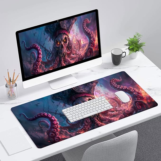 Octopus Pirate Skull Desk Mat Black Ship Large Gaming Mouse Mat with Stitched Edges,Non-Slip Waterproof Rubber Base Mous Mat 31.5"x11.8" Office Computer Keyboard Laptop Home
