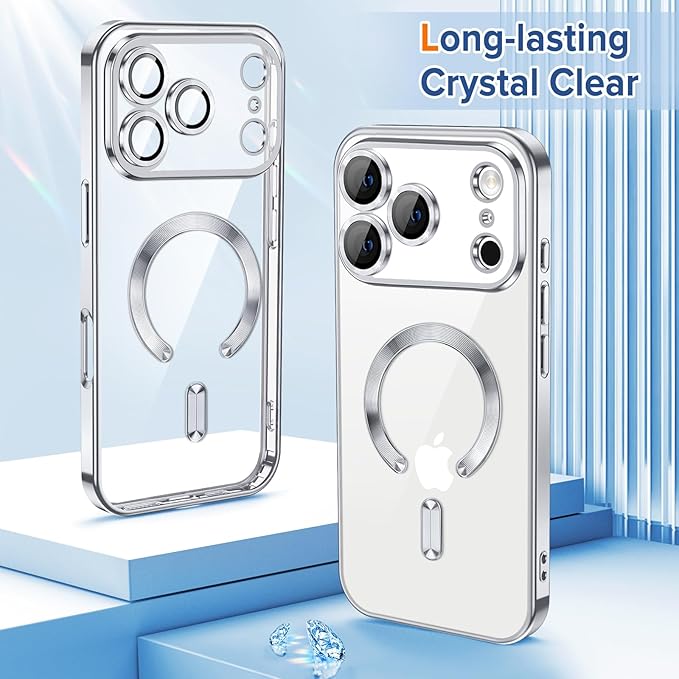 Hython Magnetic Clear for iPhone 17 Pro Max Case with Camera Lens Protector [Compatible with MagSafe] Plating Edge Slim Soft TPU Cover Protective Phone Case for iPhone 17 Pro Max 6.9", Silver
